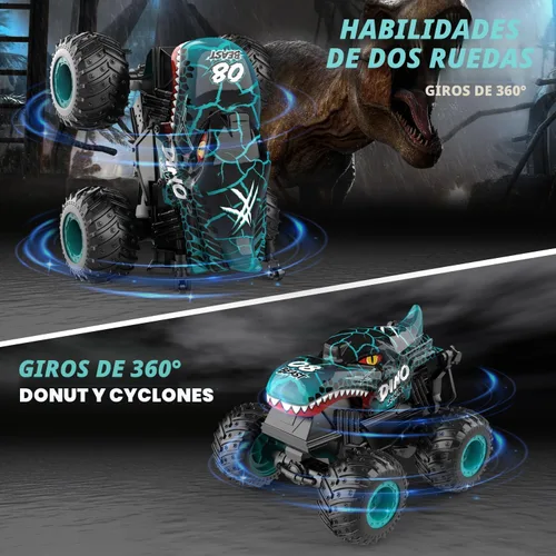Miniatura 3 de Gohero Juguetes de Camiones Monstruo, Camiones Monstruo de Control Remoto 2.4Ghz para Niños de 4-7 años, Juguetes de Dinosaurio 1:20 con Luz