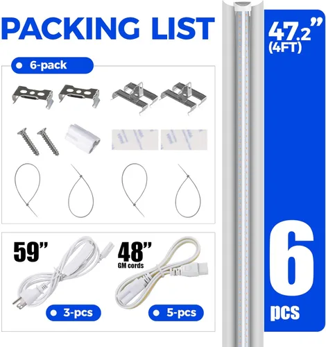 Miniatura 8 de Barrina Luz de crecimiento T8, 252 W (6 x 42 W, equivalente a 1400 W), espectro completo, tiras de luz LED de crecimiento, lámpara de cultivo