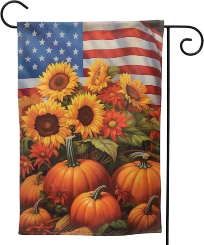 Miniatura 8 de Bandera de Estados Unidos, calabazas y girasoles, bandera de jardín, otoño, vacaciones, bienvenida, patio, granja, exteriores, banderas decorativas