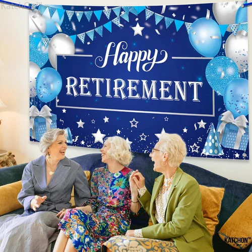Miniatura 3 de KatchOn Cartel de feliz jubilación azul, extragrande, 72 x 44 pulgadas, decoraciones azules para fiesta de jubilación