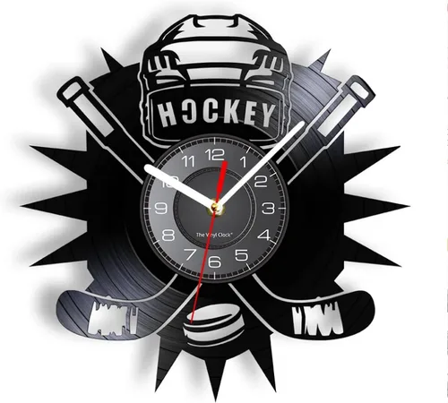 Reloj de pared de 11.8 in, decoración de pared, reloj de hockey con logotipo del equipo, palos de hockey y disco de vinilo, reloj de pared para