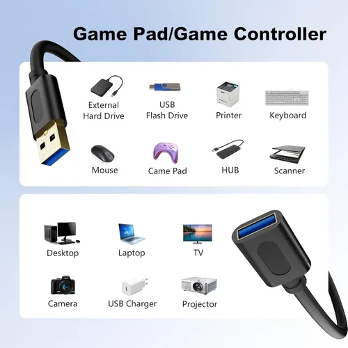 Miniatura 3 de Cable de extensión USB de 1 pie, repetidor USB 3.0 USB macho a hembra con amplificador de señal, cable activo para impresoras, teclados, consola