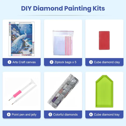 Miniatura 6 de SENQAO Kits de pintura de diamantes de pavo real para adultos, pintura de diamante de pavo real blanco, pintura de diamante 5D para playa, pavo