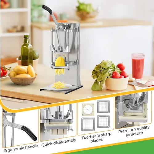 Miniatura 5 de Cortador de patatas fritas 4 en 1 comercial y rallador de limón y picadora de verduras - Acero inoxidable con mango extendido - 4 cuchillas