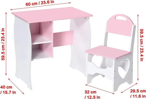 Miniatura 4 de Juego de escritorio y silla para niños, escritorio de estudio para niños con estante de almacenamiento, mesa de estudio escolar de madera, mesa