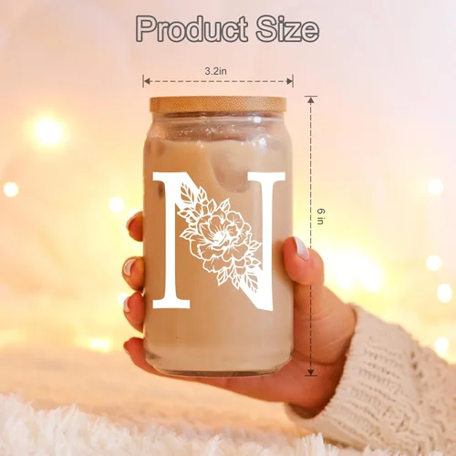 Miniatura 5 de Taza de Vidrio Inicial Coolife, Regalos Personalizados para Mujeres, Tazas de Vidrio de 16 oz con Tapas y Popotes, Vaso de Café Helado, Licuado