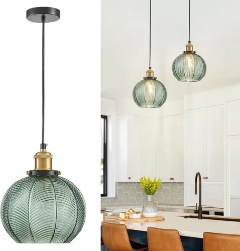 Lámpara Colgante Vintage de 7.8 Pulgadas, Luces Colgantes de 1 Luz para Fregadero de Cocina con Vidrio Verde Soplado a Mano, Pequeña Lámpara