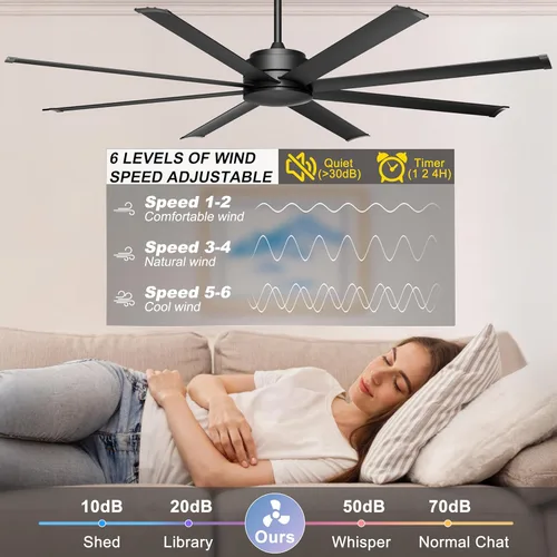 Miniatura 3 de Ohniyou Ventilador de techo grande de 72 pulgadas sin luz, ventilador industrial remoto y control por aplicación, motor de CC silencioso, ventilador