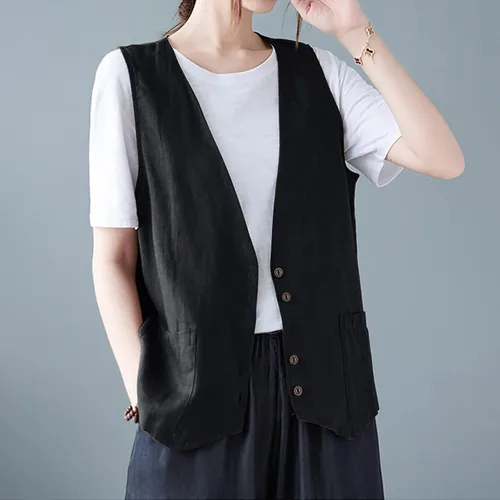 Miniatura 64 de COTECRAM Chaleco de lino de algodón para mujer, casual, sin mangas, con botones, ligero, para verano, holgado, ropa de abrigo
