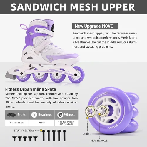 Miniatura 5 de Move - Patines en línea para mujer y hombre, patines profesionales para adultos, para uso en interiores y exteriores, talla 5-12 Blanco/Morado