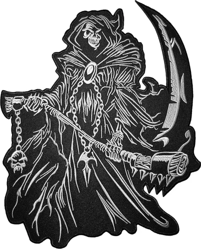 [Tamaño grande] Papapatch Parca Calavera, fantasma, dios de la muerte, diablo, satanás, motociclista, disfraz de motociclista, apliques bordados,