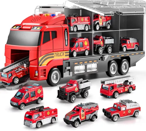 Miniatura 7 de TEMI Juguetes para Niños Pequeños de 3 4 5 6 Años Niños, Set de Juguetes de Construcción de Vehículos Fundidos a Presión con Transportador de Autos