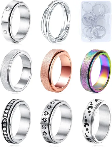 Miniatura 8 de Anillos giratorios MUCAL para ansiedad 8 piezas de anillo giratorio de acero inoxidable anillo anti ansiedad anillo giratorio con luna y estrella