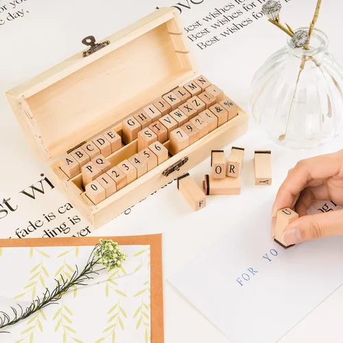 Miniatura 2 de Sellos de letras, juego de 42 piezas de alfabeto de goma con estuche de almacenamiento, números vintage y mini sellos de símbolos para manualidades