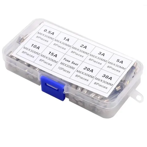 72PCS 6X30MM Fusible de vidrio 0.5A 1A 2A 3A 5A 10A 15A 20A 30A 0.236x1.181 in Fusible Caja de muestra con soporte