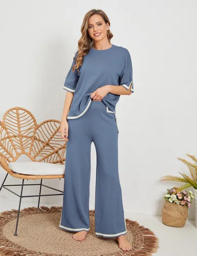 Miniatura 2 de Tanming - Conjuntos de suéter para mujer, 2 piezas, conjuntos de lounge, tops de punto de manga corta, pantalones de pierna ancha