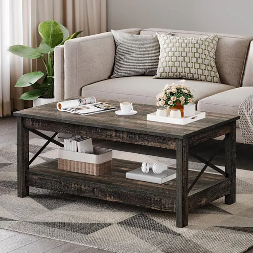 Miniatura 11 de YITAHOME Mesa de centro para sala de estar, mesa de café moderna de estilo granja con almacenamiento, mesa de centro de 2 niveles, mesa de acento