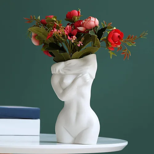 Miniatura 10 de AETVRNI Jarrón de cuerpo femenino para centros de mesa bohemios de decoración del hogar, jarrón de cerámica blanca para decoración de baño, A