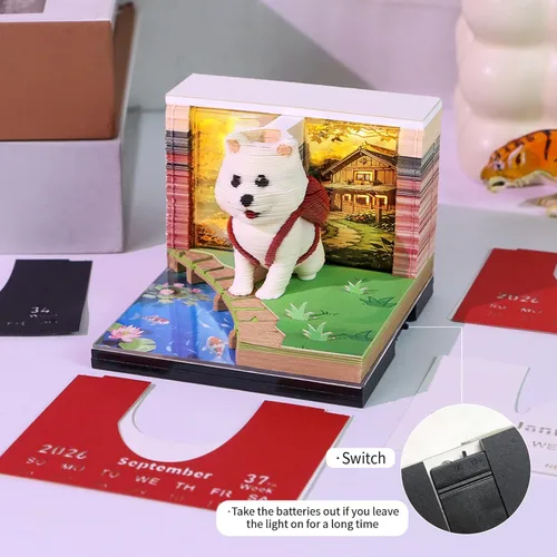 Miniatura 3 de Calendario 3D 2026, Calendario de Escritorio 2026, Calendario de Notas de Arte en Papel 3D Desmontable con Luces LED, Calendarios de Notas