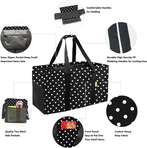 Miniatura 4 de BeeGreen Black Dots - Bolsa grande para mujer, con asas de transporte, espaciosa bolsa de almacenamiento de comestibles plegable