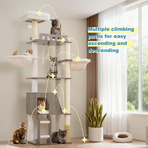 Miniatura 9 de Hey-brother Árbol de madera para gatos, torre de muebles para gatos de 69.7 pulgadas con plataformas grandes, hamacas, condominio espacioso, postes