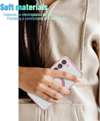 Miniatura 6 de Funda magnética para Samsung Galaxy S23, borde galvanizado, parte trasera transparente, funda protectora delgada con protección de cámara, Rosa