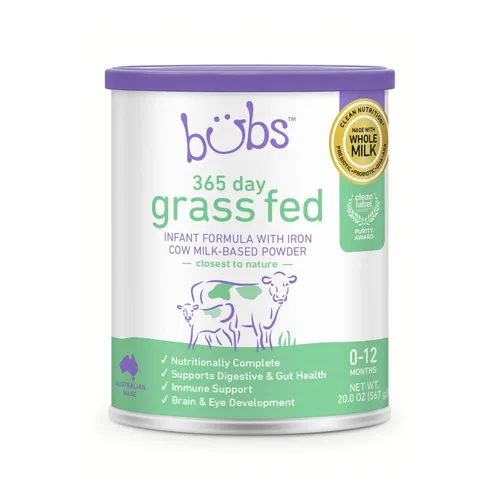 Bubs Fórmula Infantil de 365 Días de Ganado Alimentado con Pasto con Hierro, Polvo a Base de Leche de Vaca para Bebés de 0-12 Meses, Hecha con Leche
