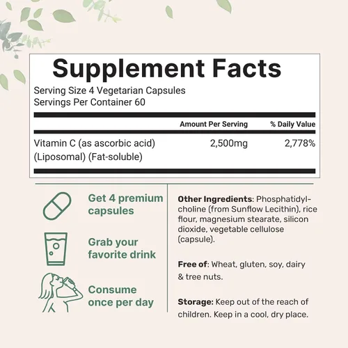 Miniatura 2 de Vitamina C liposomal 2,500 mg, 240 cápsulas vegetales Forma liposomal altamente biodisponible y soluble en grasa Suplemento de apoyo