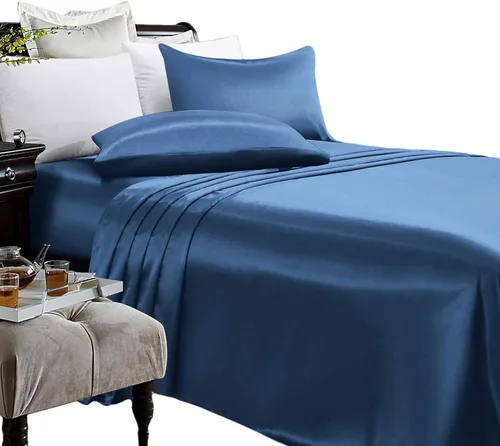 Miniatura 15 de Anex Linen Juego de sábanas de satén, juego de ropa de cama de 4 piezas, hilos altos, juego de sábanas 100% satén beige ultra suave, juego