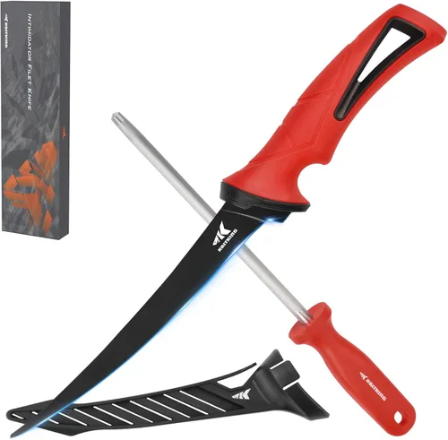 KastKing Intimidator Cuchillo de filete con acero afilador, cuchillas de acero inoxidable alemán ultra afiladas G4116, mango antideslizante, funda