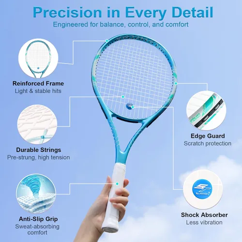 Miniatura 3 de Juego de raquetas de tenis de 27 pulgadas, raquetas de tenis preencordadas para 2 jugadores para adultos, 2 cintas de sobreagarre, 3 pelotas, 2
