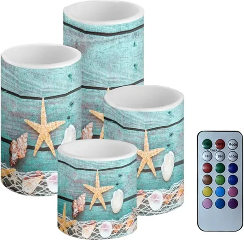 Miniatura 23 de Velas LED parpadeantes operadas por batería, juego de 4 con control remoto y temporizador, velas de llama danzante, velas de pilar para mesa, Playa