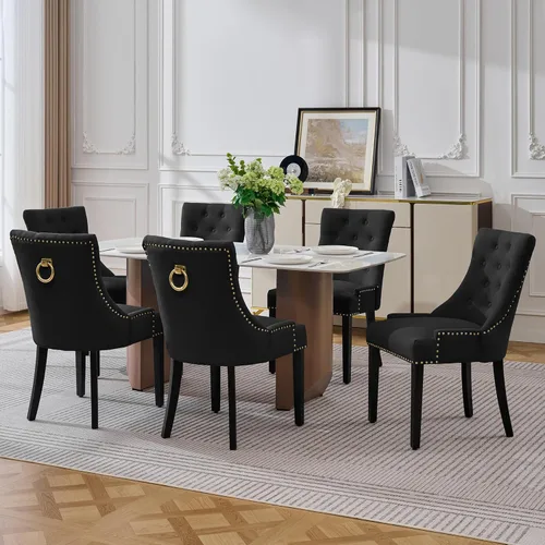 Miniatura 25 de adochr Juego de 2 sillas de comedor de terciopelo, sillas de cocina tapizadas con patas de metal, respaldo abotonado moderno con anillo de tracción