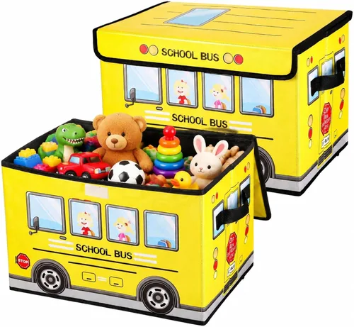 Sweetude Caja del tesoro de autobús escolar de 2 piezas para el aula, caja plegable de almacenamiento de juguetes con tapa, organizador de tesoros