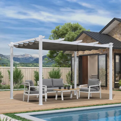 Miniatura 31 de PURPLE LEAF Pérgola Retráctil de 10' x 13' para Exteriores de Aluminio Blanco con Toldo de Sombra para Patio Refugio Moderno Marrón para Jardín