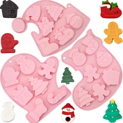 Paquete de 3 moldes de silicona para chocolate de Navidad, molde de hornear de Navidad, copo de nieve, árbol de Navidad, muñeco de nieve, hombre de