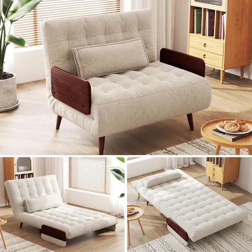 Miniatura 9 de JASIWAY Silla convertible para adultos, silla futón convertible 3 en 1 de lino con almohada, sofá cama individual plegable, cama de invitados