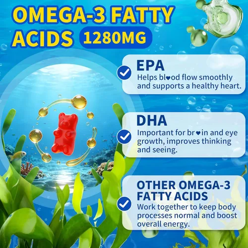 Miniatura 5 de Gomitas veganas Omega-3 de 1280 mg, alternativa de aceite de pescado Omega 3 para adultos con EPA 400 mg y DHA 600 mg y vitamina A, C, E apoya