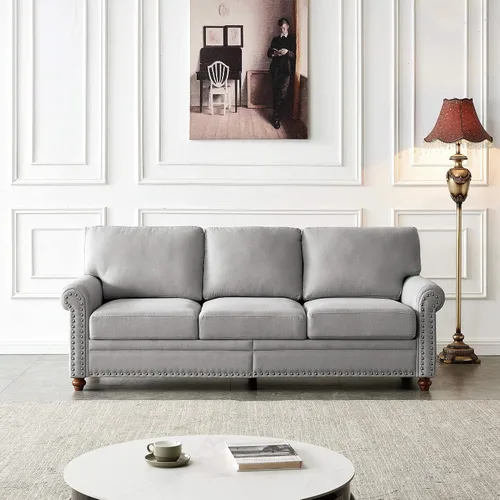 Miniatura 8 de Lestar Sofá de tela de 3 plazas, sofás tapizados modernos de 3 plazas con clavos y reposabrazos (beige)