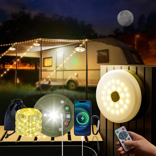 Miniatura 6 de Cadena de luces retráctiles mejoradas para acampar al aire libre, cadena de luces de campamento de 33 pies con broche, cadena de luz recargable, 9