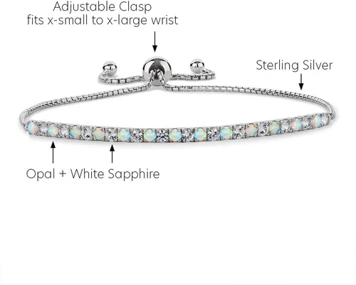Miniatura 4 de Pulsera Bolo ajustable de zafiro blanco creado en laboratorio, plata de ley, fácil de poner y quitar (tamaño de muñeca de 6, 7 y 8 pulgadas)