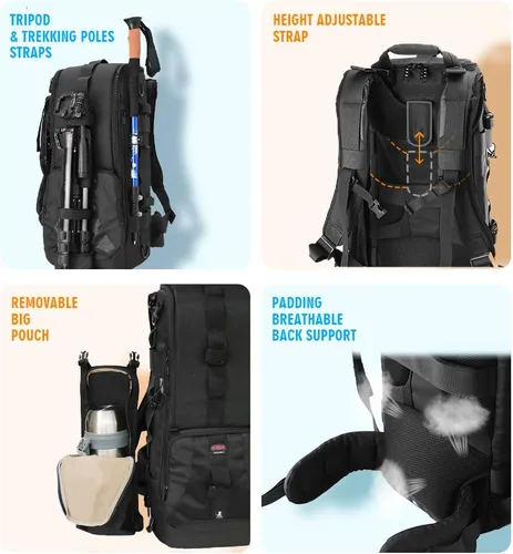 Miniatura 4 de Mochila impermeable para cámara DSLR grande con compartimentos para laptop de 17 pulgadas, cubierta para lluvia, soporte para trípode, funda