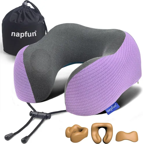 Miniatura 17 de NapFun - Almohada de cuello para viajes, mejorada para viajar por avión 100% espuma viscoelástica para dormir y descansar durante los vuelos, Gris