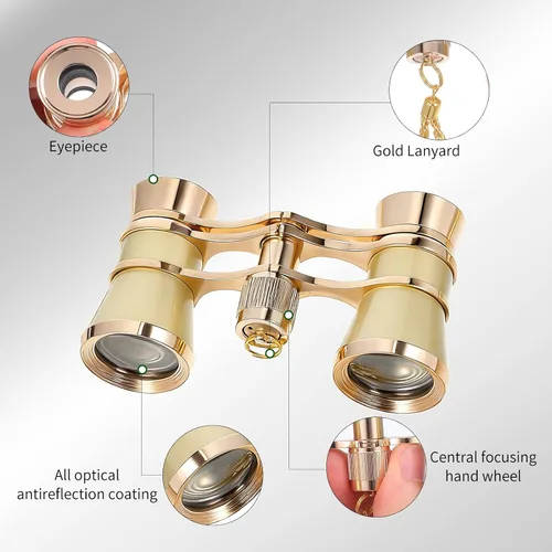 Miniatura 2 de TEHAUX Gafas de ópera de 3 x 25 pulgadas con cadena, binoculares de teatro vintage de metal completo para mujeres y adultos, mini binoculares