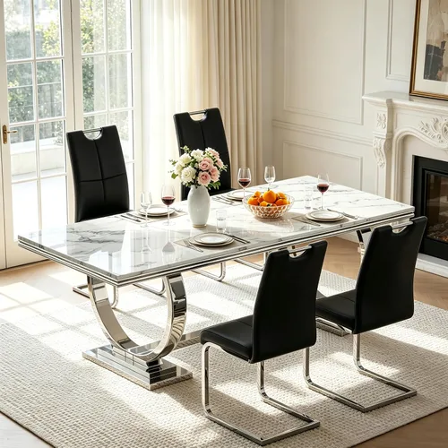 Miniatura 14 de Juego de mesa de comedor de mármol para 4, mesa de cocina rectangular de mármol blanco de 70 pulgadas con base en O de acero inoxidable dorado