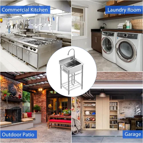 Miniatura 3 de Fregadero de cocina de acero inoxidable, fregadero utilitario de 24 x 20 x 41 pulgadas con grifo extraíble, grifo de agua caliente y fría, cuenco