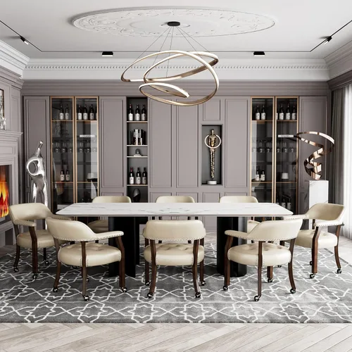 Miniatura 19 de Juego de 8 sillas de cuero de comedor con ruedas y brazos, silla de capitán Accent con ruedas, sillas de madera con ruedas enrollables para cocina