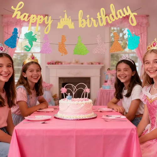 Miniatura 5 de Decoración de pancarta de cumpleaños de princesa, guirnalda dorada con purpurina para niñas, decoración de fiesta de cumpleaños, suministros