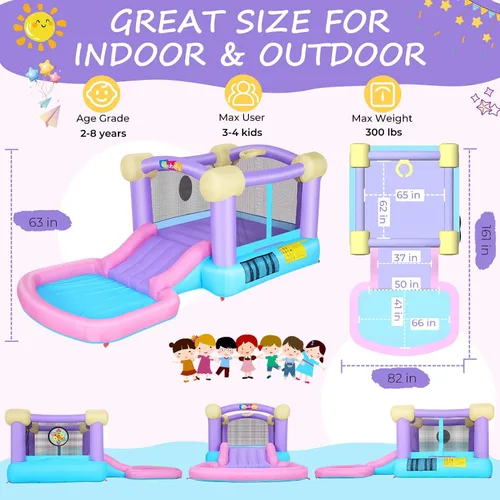 Miniatura 3 de Whubefy Casa inflable rosa para niños de 2 a 8 años con tobogán, pozo de bolas y 50 bolas oceánicas, castillo de salto de 161 x 82 x 63 pulgadas