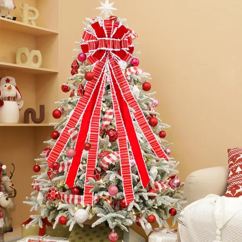Miniatura 5 de Adorno de lazo grande para punta de árbol de Navidad y corona, lazo con cinta roja de arpillera y borde blanco de poliéster, para hogar, Acción